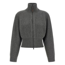 Ribbed cardigan with leather detail