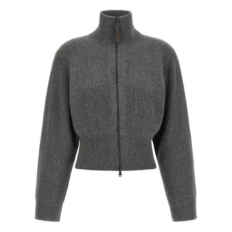 Ribbed cardigan with leather detail
