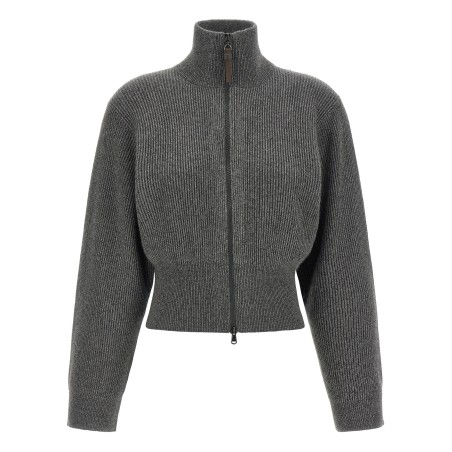 Ribbed cardigan with leather detail