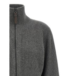 Ribbed cardigan with leather detail