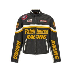 Leather biker jacket with patch