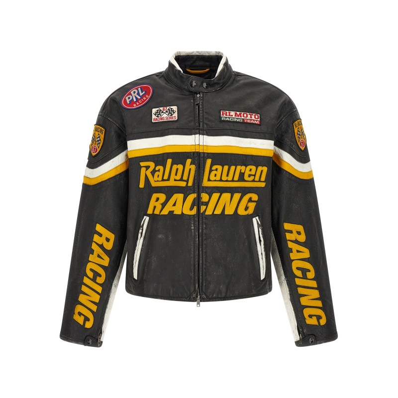 Leather biker jacket with patch