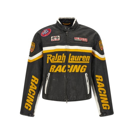 Leather biker jacket with patch