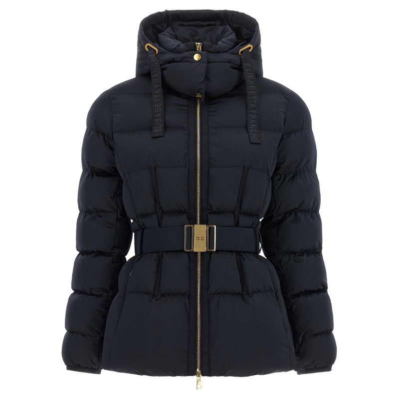 Belted down jacket with logo buckle