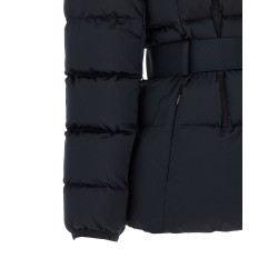 Belted down jacket with logo buckle